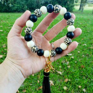 Leopard Print Silicone Beaded Wristlet, Cheetah, Keychain, Keyring, Tassel, Blac